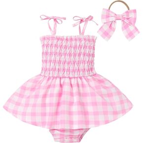 IBTOM CASTLE Pink and White Checkered Romper Gingham Dress for Toddler 1st Birthday Outfit Boho Halloween Costume Cosplay