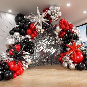 Red and Black Balloon Arch Kit with 3pcs Starburst-Balloons, Red Black and Metallic Silver Balloons Garland Kit for Birthday Prom Red Black Graduation 2024 Party Decorations