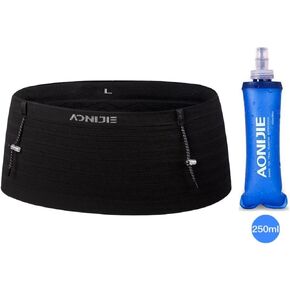 AONIJIE Running Belt with 250ml Soft Flask for Women and Men Lightweight & Non-slip Black Fanny Pack Fits All Size Phones Passport and More (Black with 250ml Soft Flask, M)