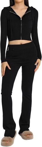 Y2k Knit 2 Piece Outfit Zip Up Long Sleeve Hooded Crop Sweater Skinny Pants Tracksuit Lounge Sets in Kuwait