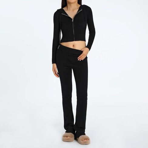 Y2k Knit 2 Piece Outfit Zip Up Long Sleeve Hooded Crop Sweater Skinny Pants Tracksuit Lounge Sets in Kuwait