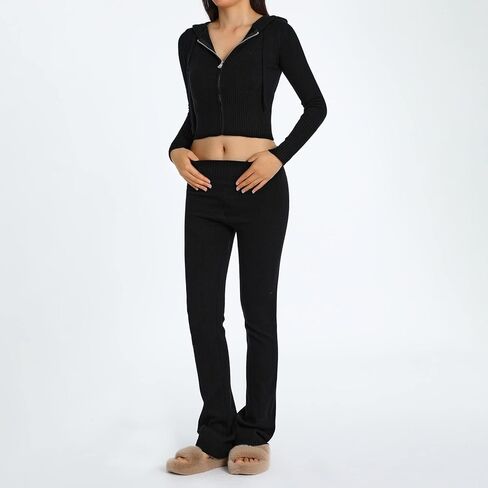 Y2k Knit 2 Piece Outfit Zip Up Long Sleeve Hooded Crop Sweater Skinny Pants Tracksuit Lounge Sets in Kuwait