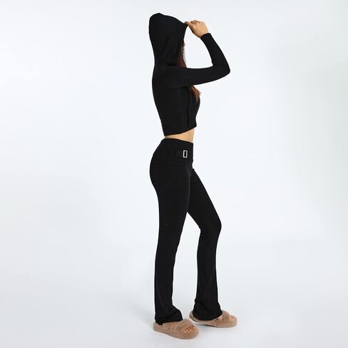 Y2k Knit 2 Piece Outfit Zip Up Long Sleeve Hooded Crop Sweater Skinny Pants Tracksuit Lounge Sets in Kuwait