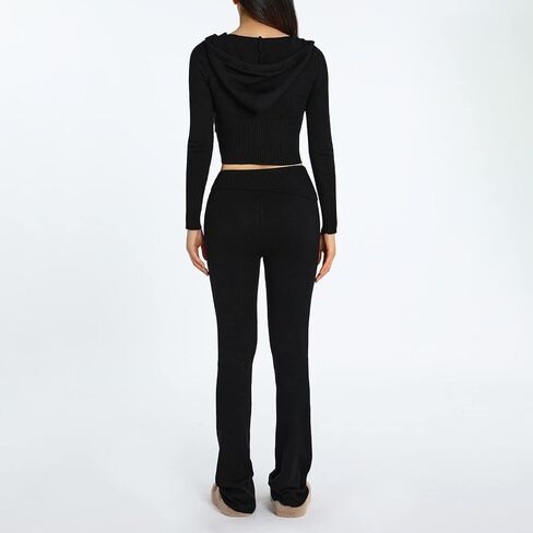 Y2k Knit 2 Piece Outfit Zip Up Long Sleeve Hooded Crop Sweater Skinny Pants Tracksuit Lounge Sets in Kuwait