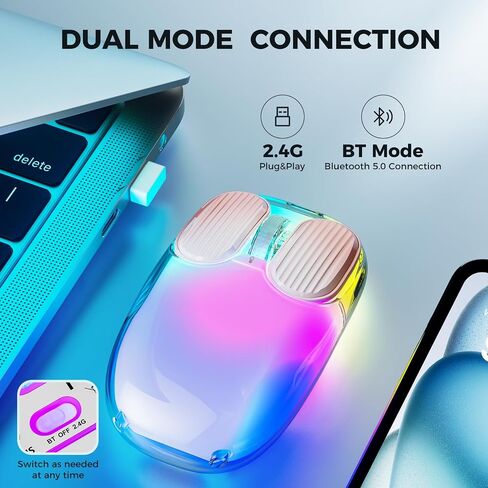 ماوس Doohoeek Bluetooth 2.4G لاسلكي USB شفاف، ماوس مزدوج الوضع قابل لإعادة الشحن بإضاءة خلفية مع هيكل صلب كريستالي وشاشة LED وإضاءة RGB للكمبيوتر والكمبيوتر المحمول وأجهزة MacBook والأجهزة اللوحية، أسود in Kuwait