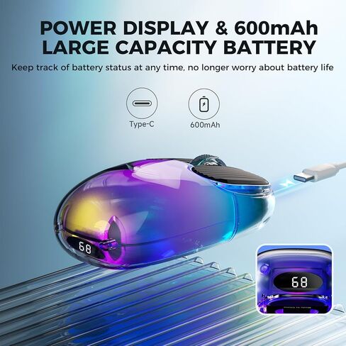Doohoeek Bluetooth 2.4G Wireless USB Mouse Transparent, Rechargeable Dual Mode Backlit Mouse with Crystal Hard Shell & LED Display & RGB Lighting for Computer, Laptop, MacBook & Tablets, Black in Saudi Arabia