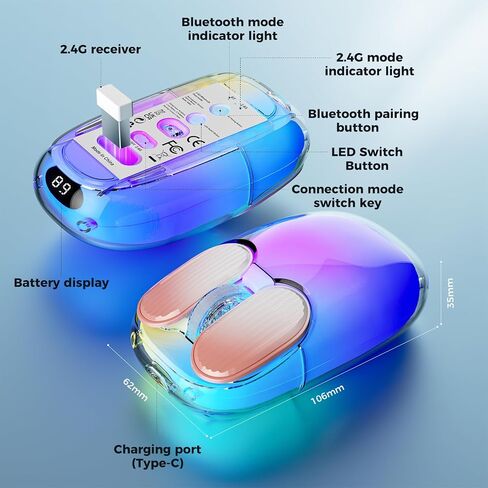 ماوس Doohoeek Bluetooth 2.4G لاسلكي USB شفاف، ماوس مزدوج الوضع قابل لإعادة الشحن بإضاءة خلفية مع هيكل صلب كريستالي وشاشة LED وإضاءة RGB للكمبيوتر والكمبيوتر المحمول وأجهزة MacBook والأجهزة اللوحية، أسود in Kuwait