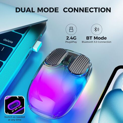 Doohoeek Bluetooth 2.4G Wireless USB Mouse Transparent, Rechargeable Dual Mode Backlit Mouse with Crystal Hard Shell & LED Display & RGB Lighting for Computer, Laptop, MacBook & Tablets, Black in Saudi Arabia