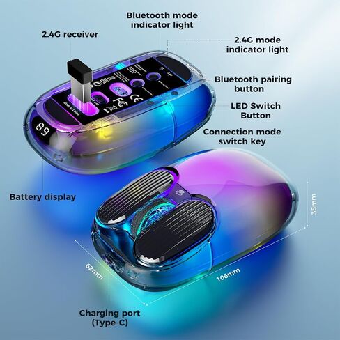 Doohoeek Bluetooth 2.4G Wireless USB Mouse Transparent, Rechargeable Dual Mode Backlit Mouse with Crystal Hard Shell & LED Display & RGB Lighting for Computer, Laptop, MacBook & Tablets, Black in Saudi Arabia