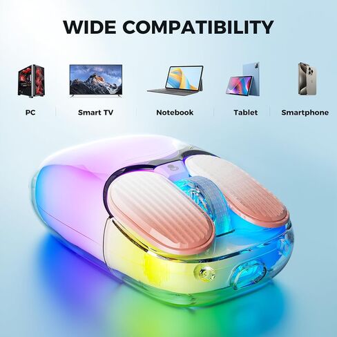 ماوس Doohoeek Bluetooth 2.4G لاسلكي USB شفاف، ماوس مزدوج الوضع قابل لإعادة الشحن بإضاءة خلفية مع هيكل صلب كريستالي وشاشة LED وإضاءة RGB للكمبيوتر والكمبيوتر المحمول وأجهزة MacBook والأجهزة اللوحية، أسود in Kuwait