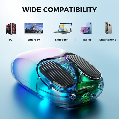 Doohoeek Bluetooth 2.4G Wireless USB Mouse Transparent, Rechargeable Dual Mode Backlit Mouse with Crystal Hard Shell & LED Display & RGB Lighting for Computer, Laptop, MacBook & Tablets, Black in Saudi Arabia