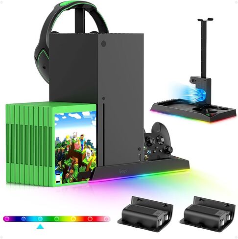 مروحة تبريد بحامل عمودي من FASTSNAIL لأجهزة Xbox Series X، قاعدة شحن لوحدة تحكم Xbox Series X مع عبوتين من البطاريات القابلة لإعادة الشحن بقدرة 1400 مللي أمبير في الساعة، وملحقات مع فتحة ألعاب وحامل سماعة رأس، أسود in Kuwait