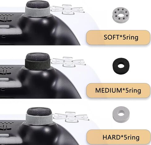 حلقات عازلة لمقبض اللعبة 15 قطعة مع 3 نقاط قوة مختلفة، متوافقة مع بلاي ستيشن 5 (PS5)، PS4، إكس بوكس، سويتش، سويتش برو (أسود/رمادي) (5 ناعم + 5 متوسط ​​+ 5 صلب) in Kuwait