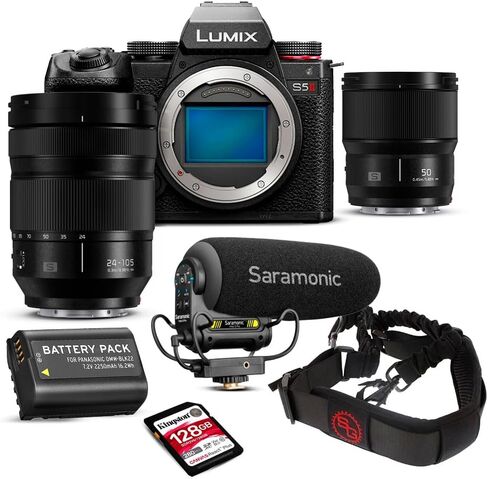 Panasonic Lumix S5II Mirrorless Camera Body Bundle with 24-105mm Macro OIS Lens, 50mm f/1.8 L-Mount Lens, Camera-Mount Shotgun Microphone, 128GB SD Card, Battery Pack, Bungee Camera Strap (7 Items) in Saudi Arabia