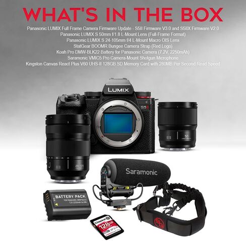 Panasonic Lumix S5II Mirrorless Camera Body Bundle with 24-105mm Macro OIS Lens, 50mm f/1.8 L-Mount Lens, Camera-Mount Shotgun Microphone, 128GB SD Card, Battery Pack, Bungee Camera Strap (7 Items) in Saudi Arabia