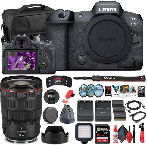 Canon EOS R5 Mirrorless Digital Camera (Body Only) (4147C002) + Canon RF 24-70mm Lens + 64GB Memory Card + Case + Corel Software + 2 x LPE6 Battery + External Charger + Card Reader + More (Renewed) in Saudi Arabia