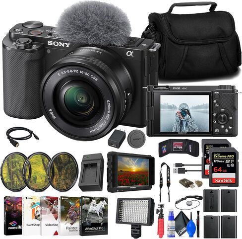 Sony ZV-E10 Mirrorless Camera with 16-50mm Lens (Black) (ILCZV-E10L/B) + 4K Monitor + 2 x 64GB Memory Card + Filter Kit + LED Light + Charger + 3 x NPF-W50 Battery + Card Reader + More (Renewed) in Saudi Arabia