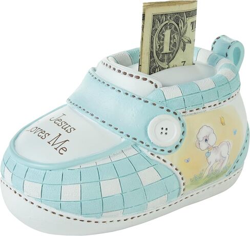 Precious Moments Baby Bank | Jesus Loves Me Blue Bootie Ceramic Bank Nursery Decor | Hand-Painted in Saudi Arabia