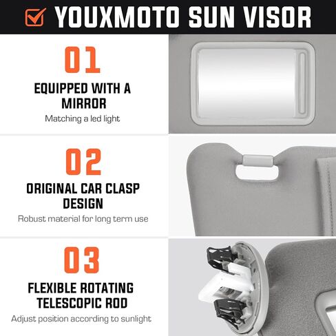 Youxmoto Sun Visor for Toyota Camry with Sunroof 2007 2008 2009 2010 2011 Left Driver and Right Passenger Side, Grey Sun Visor Replaces# 74320-06800-B0; 74310-06770-B0, with Vanity Mirror in Saudi Arabia