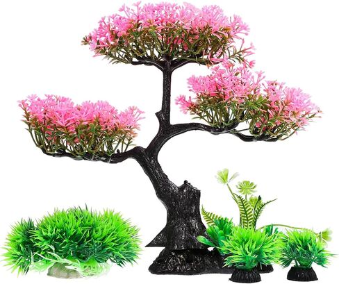 NOLITOY Artificial Aquarium Plants, Pink Cherry Blossom Tree Grass Decor Fish Tank Tree Decorations Plastic Realistic Plants Freshwater and Saltwater Decoration Aquatic Plants Grass Flowers in Saudi Arabia
