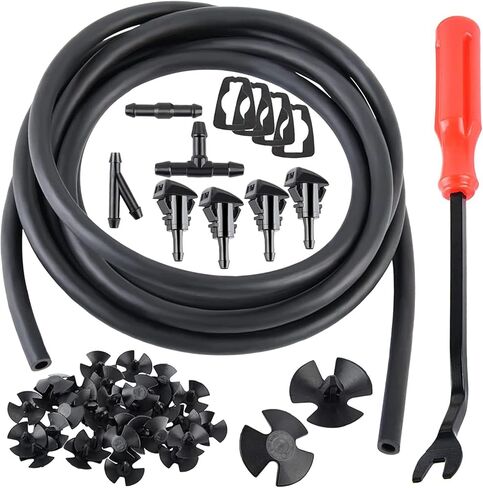 مجموعة فوهات غسيل الزجاج الأمامي 42 في 1، 4805742AB 5116079AA موصل خرطوم السوائل، مع خرطوم 6.5 قدم، 4 فوهات رش، غسالات، 3 موصلات، 30 مثبت، يناسب دودج، كرايسلر، جيب (أسود) in Kuwait