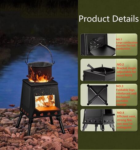 موقد تخييم محمول من الفولاذ الكربوني، موقد خشبي خارجي بأرجل قابلة للطي للتخييم في الهواء الطلق (صغير) in Kuwait