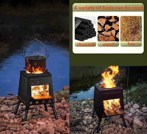 موقد تخييم محمول من الفولاذ الكربوني، موقد خشبي خارجي بأرجل قابلة للطي للتخييم في الهواء الطلق (صغير) in Kuwait