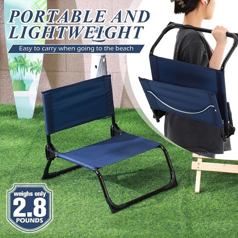 4 Pcs Folding Low Beach Chair with Shoulder Strap Lightweight Camping Chair Portable Outdoor Sand Chair Foldable Lawn Chair Support 300lbs for Beach Camping Hiking Park Patio(Navy Blue) in Saudi Arabia