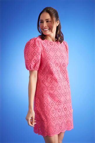 London Times Summer Puff Sleeve Mini Short Cotton Eyelet Womens Dresses in Saudi Arabia