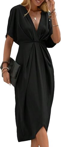 SOLY HUX Women's Plunge Deep V Neck Short Sleeve Summer Pleated Wrap Tunic Midi Dress in Saudi Arabia