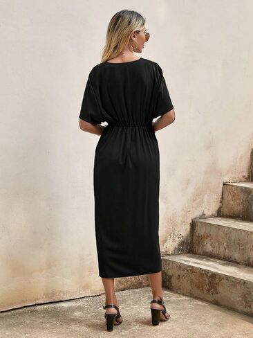 SOLY HUX Women's Plunge Deep V Neck Short Sleeve Summer Pleated Wrap Tunic Midi Dress in Saudi Arabia