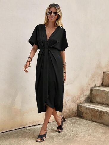 SOLY HUX Women's Plunge Deep V Neck Short Sleeve Summer Pleated Wrap Tunic Midi Dress in Saudi Arabia