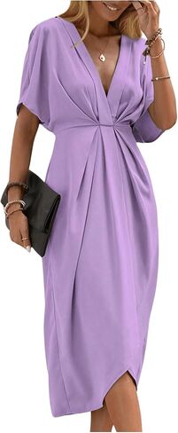 SOLY HUX Women's Plunge Deep V Neck Short Sleeve Summer Pleated Wrap Tunic Midi Dress in Saudi Arabia