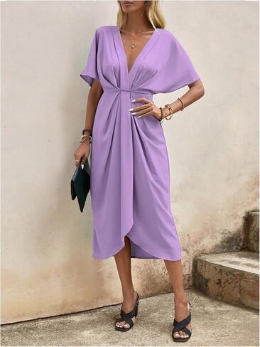 SOLY HUX Women's Plunge Deep V Neck Short Sleeve Summer Pleated Wrap Tunic Midi Dress in Saudi Arabia