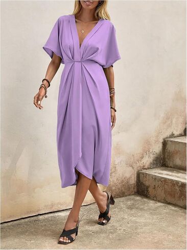 SOLY HUX Women's Plunge Deep V Neck Short Sleeve Summer Pleated Wrap Tunic Midi Dress in Saudi Arabia