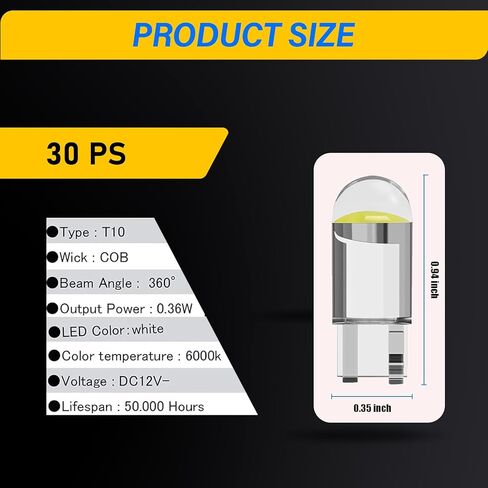 30 قطعة سيارة 194 لمبة LED، 6000K فائقة السطوع 168 2825 W5W T10 LED على شكل إسفين، ضوء خريطة لوحة الترخيص، عالمي لمعظم أجزاء إضاءة السيارات (أبيض) in Kuwait