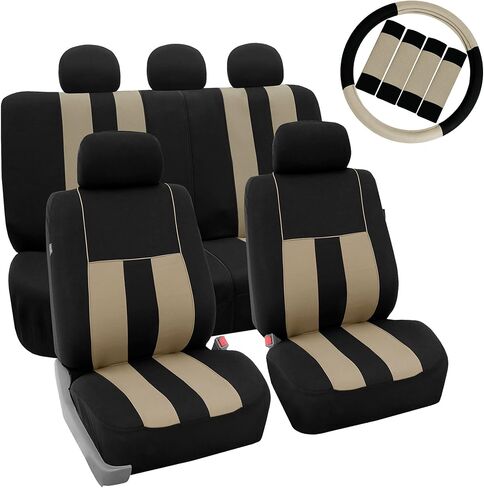 FH Group Car Seat Covers Striking Striped Full Set Beige Automotive Seat Covers, Airbag and Split Rear Car Seat Cover Universal Fit Interior Accessories for Cars Trucks and SUV Car Accessories in Saudi Arabia