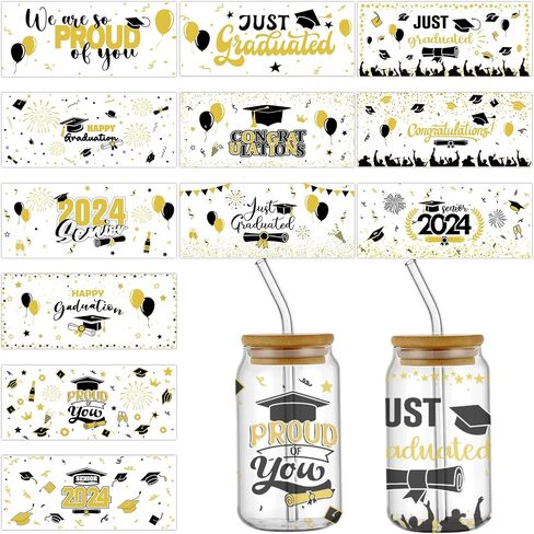 gisgfim 12 Sheet Graduation UV DTF Cup Wrap Graduation 2024 Rub on Transfers Stickers for Glass Black Gold Congrats Grad Wrap Transfers Decals for 16OZ Glass Cup Furniture DIY Crafts in Saudi Arabia