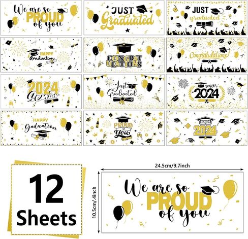 gisgfim 12 Sheet Graduation UV DTF Cup Wrap Graduation 2024 Rub on Transfers Stickers for Glass Black Gold Congrats Grad Wrap Transfers Decals for 16OZ Glass Cup Furniture DIY Crafts in Saudi Arabia