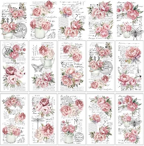 Whaline 10 Sheet Vintage Floral Rub on Transfer for Crafts Pink Rose Flower Rub on Transfer Stickers Peony Flower Furniture Decals for Home School Office DIY Crafts, 5.9 x 11.8 Inch in Saudi Arabia