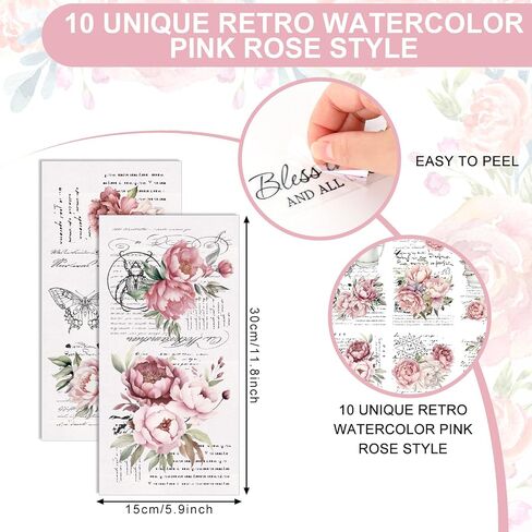 Whaline 10 Sheet Vintage Floral Rub on Transfer for Crafts Pink Rose Flower Rub on Transfer Stickers Peony Flower Furniture Decals for Home School Office DIY Crafts, 5.9 x 11.8 Inch in Saudi Arabia