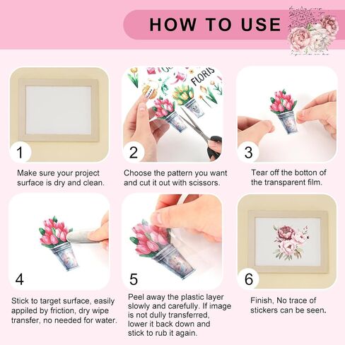 Whaline 10 Sheet Vintage Floral Rub on Transfer for Crafts Pink Rose Flower Rub on Transfer Stickers Peony Flower Furniture Decals for Home School Office DIY Crafts, 5.9 x 11.8 Inch in Saudi Arabia