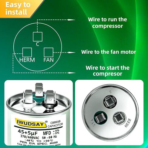 Capacitor Ac Capacitor Cbb65b 40+5 Uf 40/5 Mfd ±6% 370v/440v Dual Run Start Ac Capacitor 40/5 440 Volt,HVAC Capacitor,for Ac Unit Fan Motor Start Or Heat Pump Or Condenser Straight Cool in Saudi Arabia