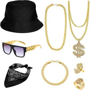 8 pcs Hip Hop Costume Kit, 80s/90s Outfit Rapper Accessories, Headbands Gold Chain Money Chain Dollar Sign Hat Punk Sunglasses Rapper Accessories.