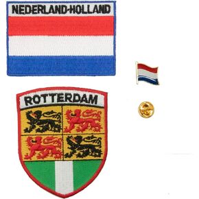 A-ONE - The Netherlands Rotterdam Lion Embroidery Patch + Holland Flag Sew-on Patch + Netherlands Flag Pin, Rotterdam Shield Patch, Flag Lapel Pin NO.092B
