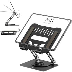 ULT-WIIQ Tablet Stand for Desk Swivel iPad Stand with 360 Rotating Base Adjustable Foldable Portable iPad Table Stand Holder for iPad/iPad Mini Tablets Black Aluminum
