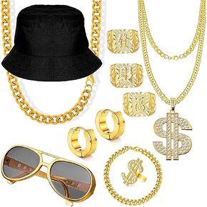 80s 90s Hip Hop Costumes Kit for Men Women DJ Punk Rapper Style Outfit Old School Gold Chain Money Dollar Sign Sunglasses Hat Earring Necklace Bracelet Jewelry Accessory set Party Birthday Shows