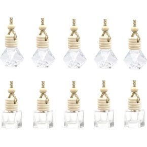 10Pcs Empty Hanging Car Air Freshener Perfume Bottle Aromatherapy Essential Oil Glass Bottle Refillable Car Hanging Diffuser Bottle Clear Essential Oil Bottle with Wooden Caps and Hanging String