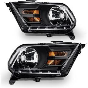 for 2010-2014 Ford Mustang Headlight Assembly compatible with 2010 2011 2012 2013 2014 Mustang Clear Lens Black Housing Amber Reflector Headlamp Replacement Left and Right