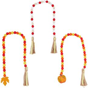 SUPERFINDINGS 3Pcs 3 Style Halloween Wood Beads Garland with Tassel Wood Bead Chains with Pumpkin and Maple Leaf Pendant Farmhouse Home Holiday Hanging Decorations 69-85cm